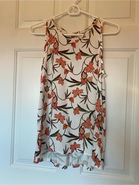 LOFT White Floral Shell with Orange and Green Accents